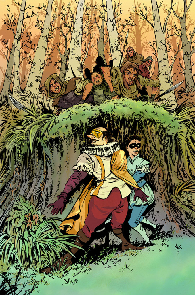 No Holds Bard cover illustration by artist Aneke of a group of bandits closing in on Superhero versions of William Shakespeare and his sidekick, Page