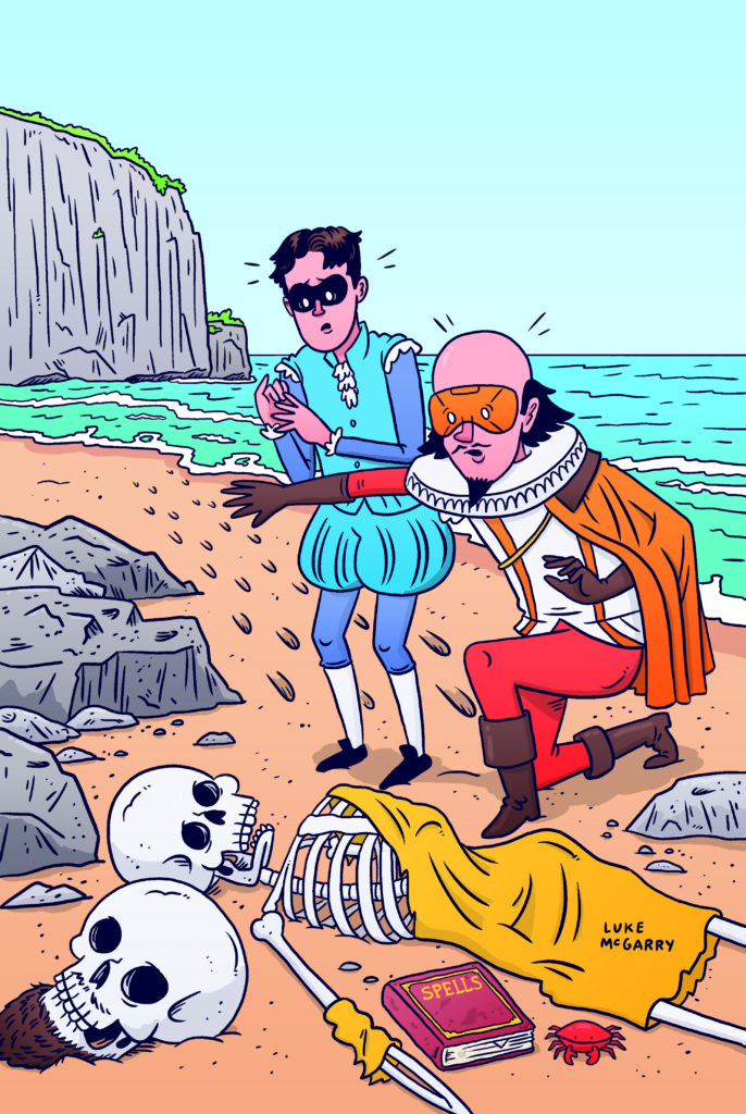 No Holds Bard cover illustration by Luke McGarry of The Superhero William Shakespeare, the Bard, and his sidekick Page approach the bleached bones of Prospero and Miranda on an island beach.
