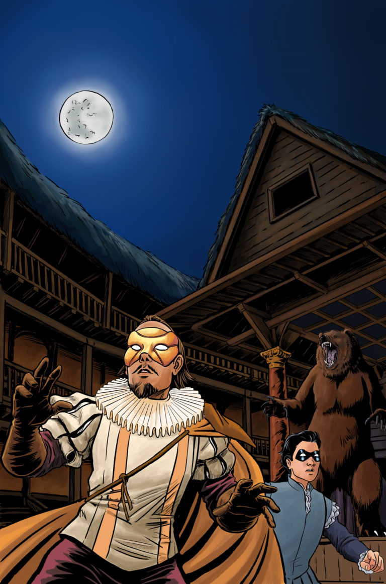 No Holds Bard cover illustration by Pia Guerra, The Superhero William Shakespeare, The Bard, and his sidekick, Page in the Globe Theater at night under a full moon. A bear roars in the background