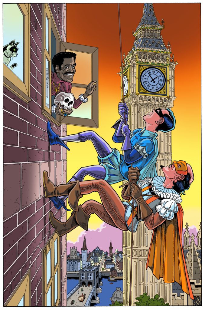 No Holds Bard cover illustration of the Superhero William Shakespeare, The Bard, and his sidekick Page climb a building in London near Big Ben. Sammy Davis Jr. appears in the window, holding a skull. By James Callahan aka Barf Comics