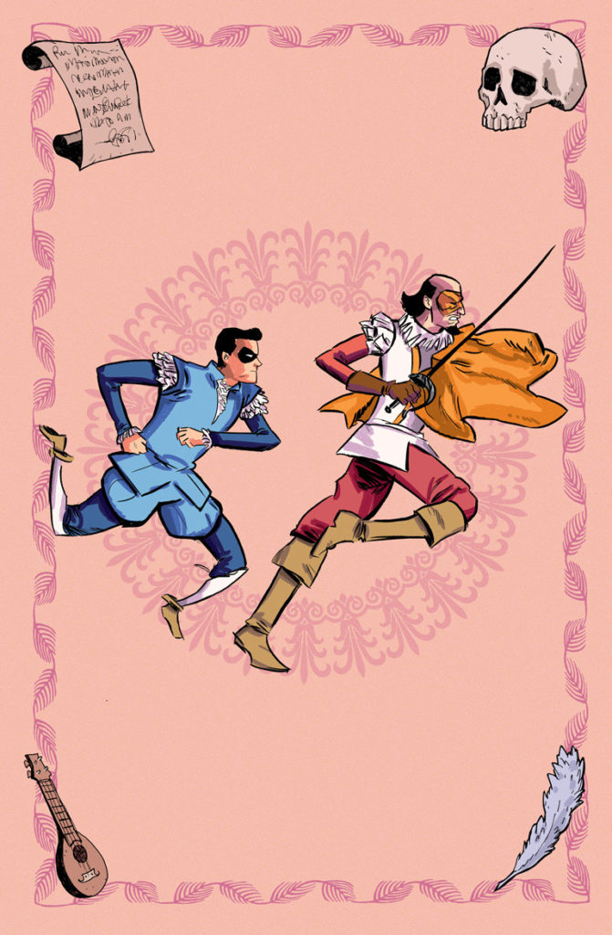 No Holds Bard pin-up illustration by artist Sina Grace of the Superhero William Shakespeare and his sidekick page running on a pink background.